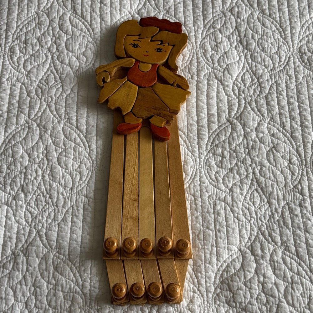 Vintage Accordion Peg Rack Handcrafted Wooden Girl Cut Out Doll 70’s